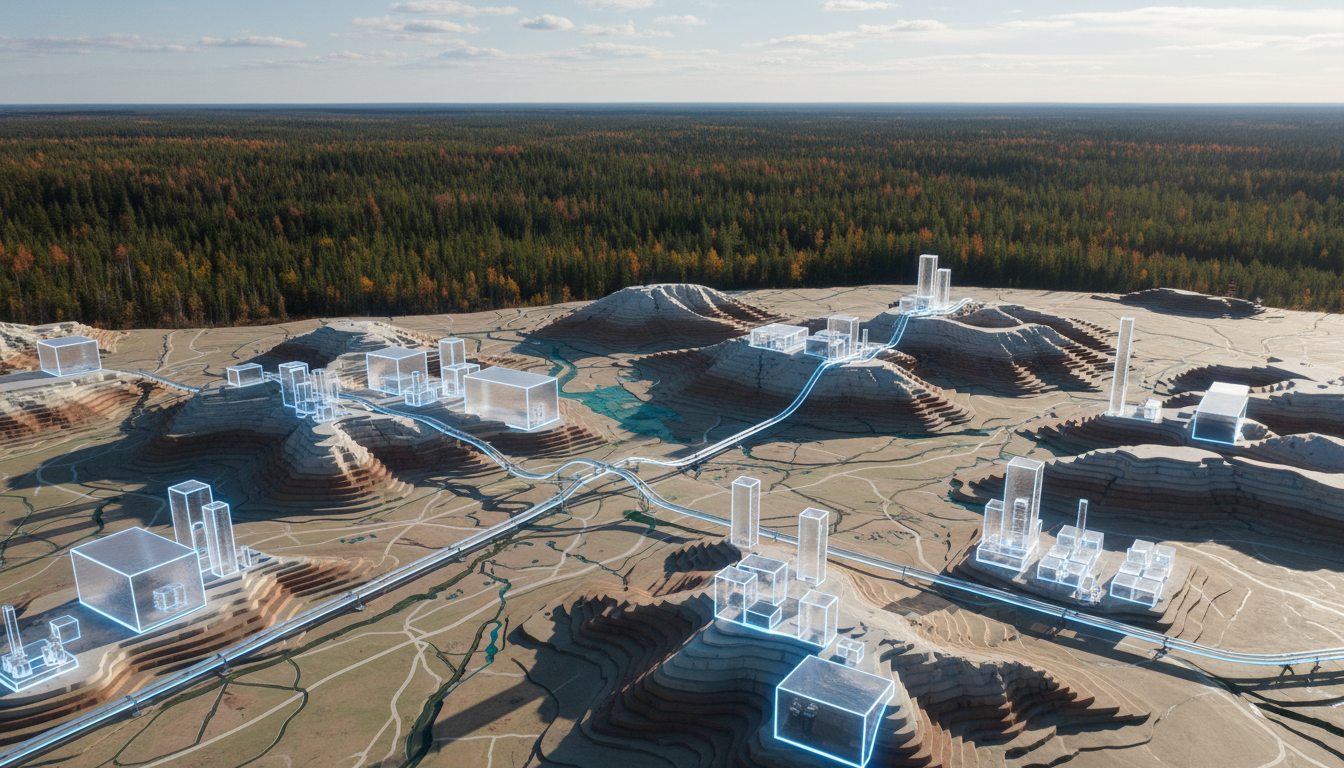 style overlay merging with a 3D topographic map. Foreground: translucent geometric blocks representing new infrastructure development, pipelines, and industrial parks. Background: a vast boreal forest landscape rolling into the distance. Lighting: bright natural lighting with glowing blue technical accents illuminating the structural nodes.