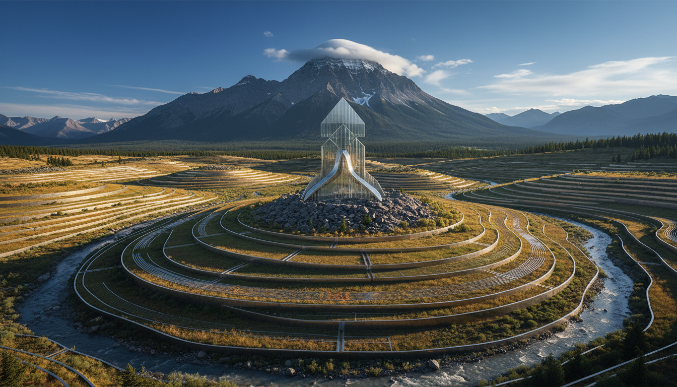 capped Rocky Mountain peak under a clear sky. Lighting: bright natural lighting casting crisp, analytical shadows that emphasize precision and scale.