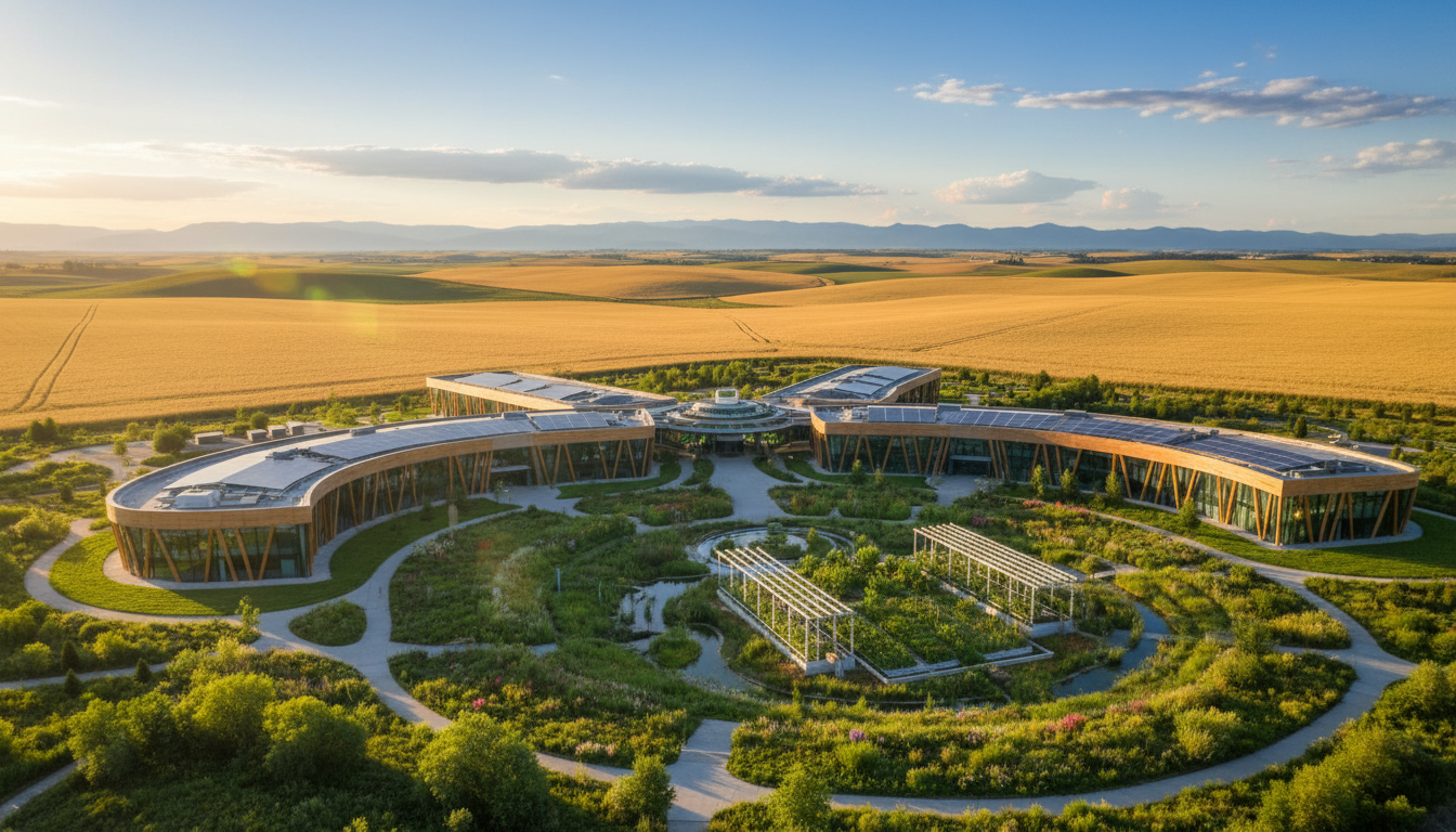paneled workshops, and clean green spaces. Background: golden wheat fields stretching to the horizon, meeting a bright blue sky. Lighting: bright natural lighting emphasizing growth, structural harmony, and community integration.