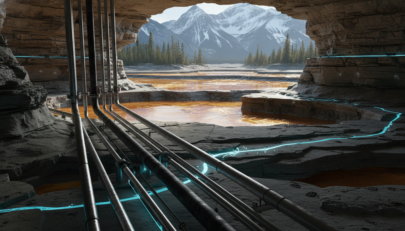 section of deep subterranean injection wells and extraction pipes interacting with geological strata. Background: vast, interconnected underground pools of brine. Lighting: bright natural lighting highlighting the directional flow of fluids and geological textures.