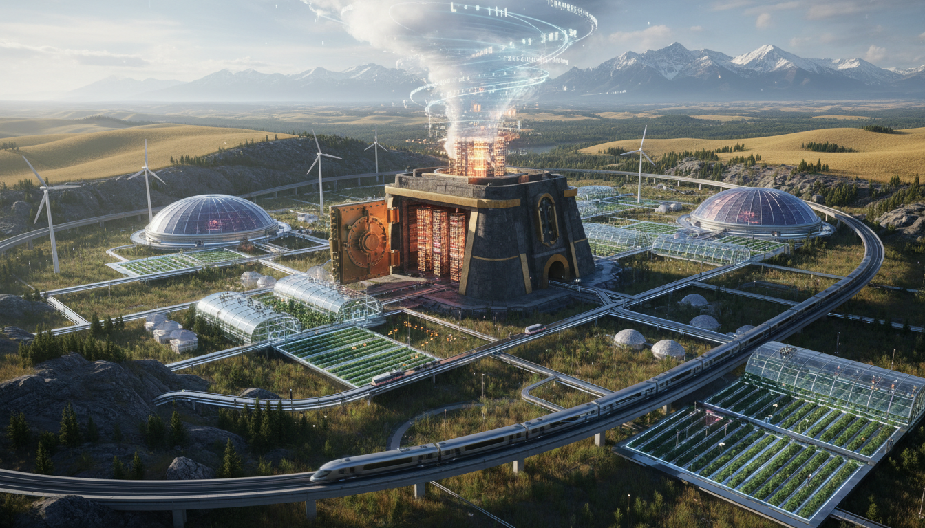 tech agricultural and industrial grid. Lighting: Bright natural lighting highlighting the contrast between the traditional gold vault and the futuristic data.