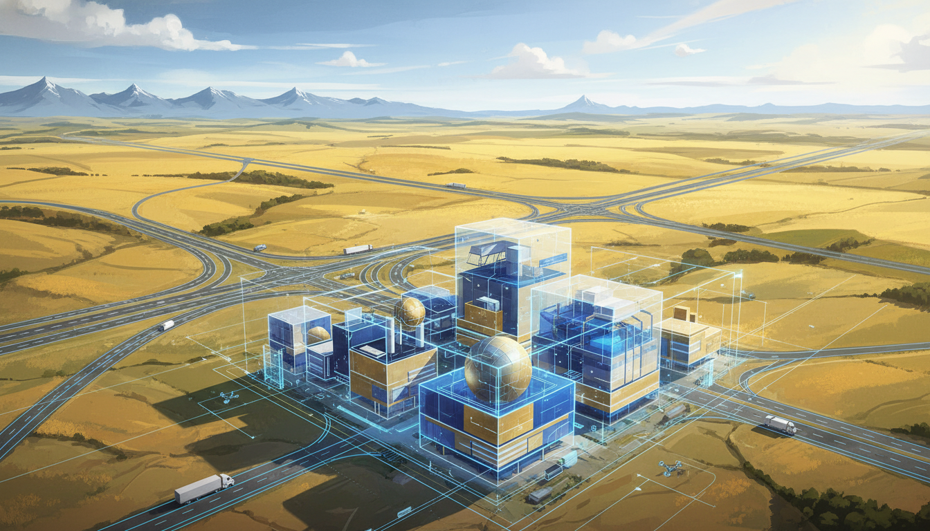 style overlay illustration. Foreground: Translucent, glowing geometric blocks representing modern warehousing and logistics facilities. Background: A sweeping, stylized prairie landscape merging into a highway grid. Lighting: Bright natural lighting illuminating the blueprint lines with a crisp, analytical glow.