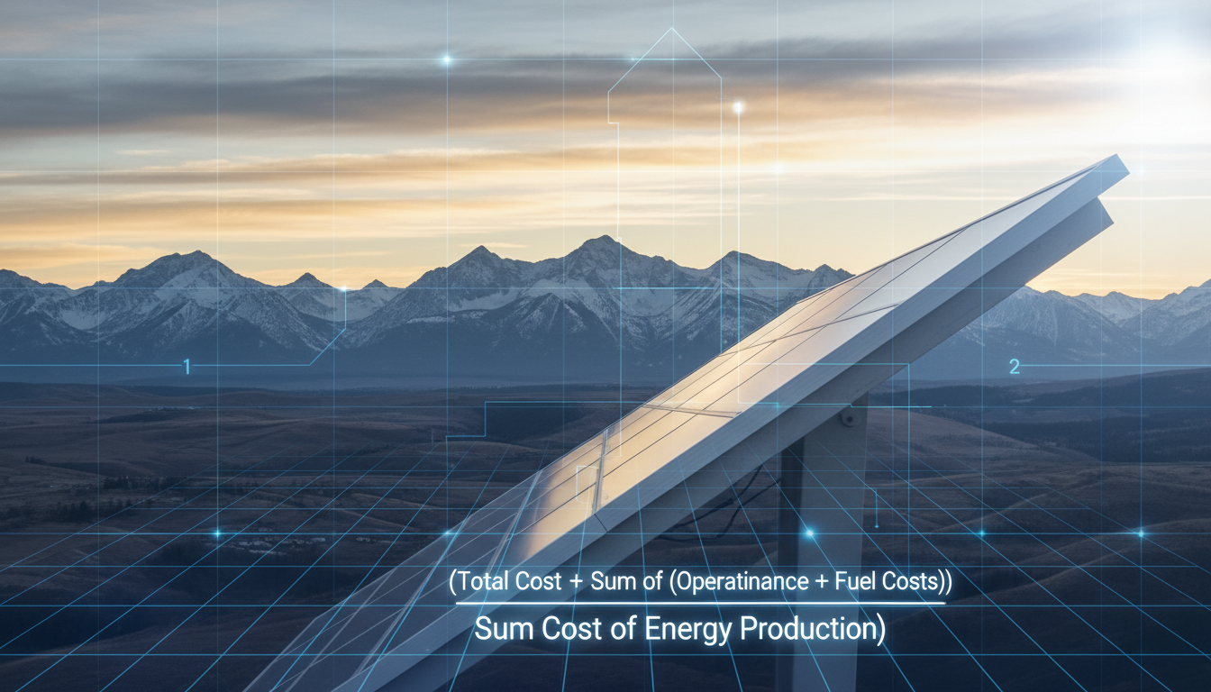 style overlay. Foreground: Crisp, white architectural lines detailing the angle of a solar panel and a mathematical formula for Levelized Cost of Energy (LCOE). Background: A deep blue, blueprint-textured grid representing financial stability and planning. Lighting: Bright, clinical lighting that emphasizes the educational and technical nature of the financial calculations.